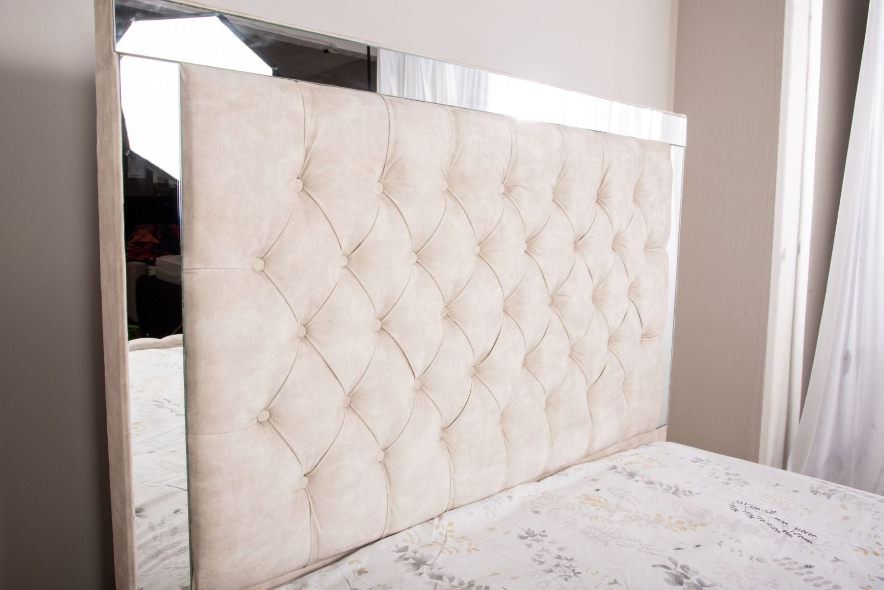 Oakwood Glaze Mirror and Velvet Fabric Upholstered Bed Frame