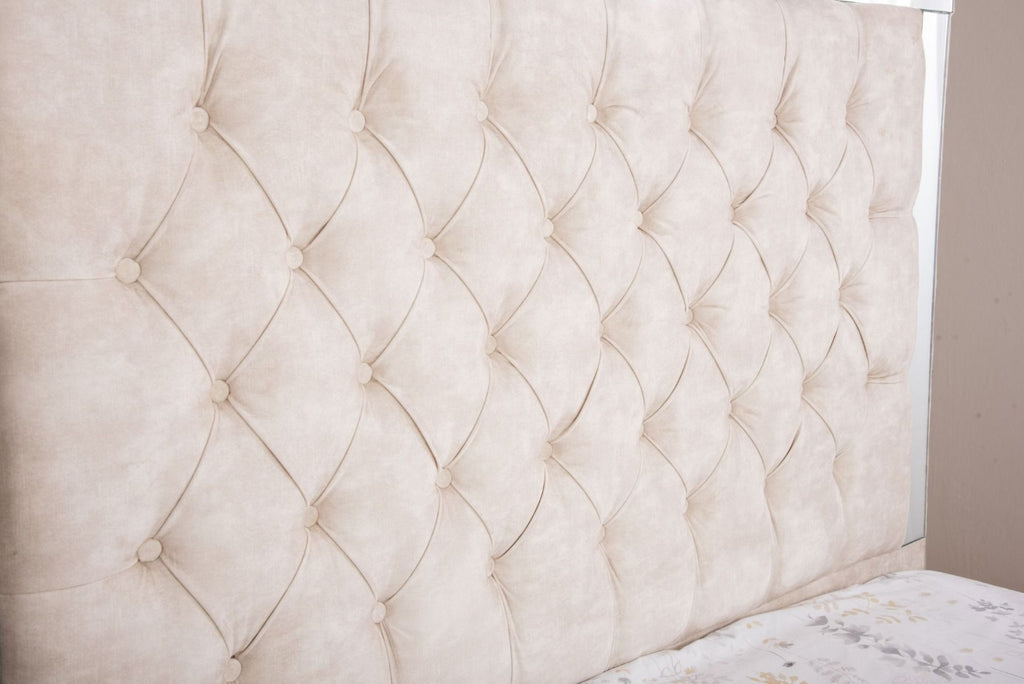 Oakwood Glaze Mirror and Velvet Fabric Upholstered Bed Frame
