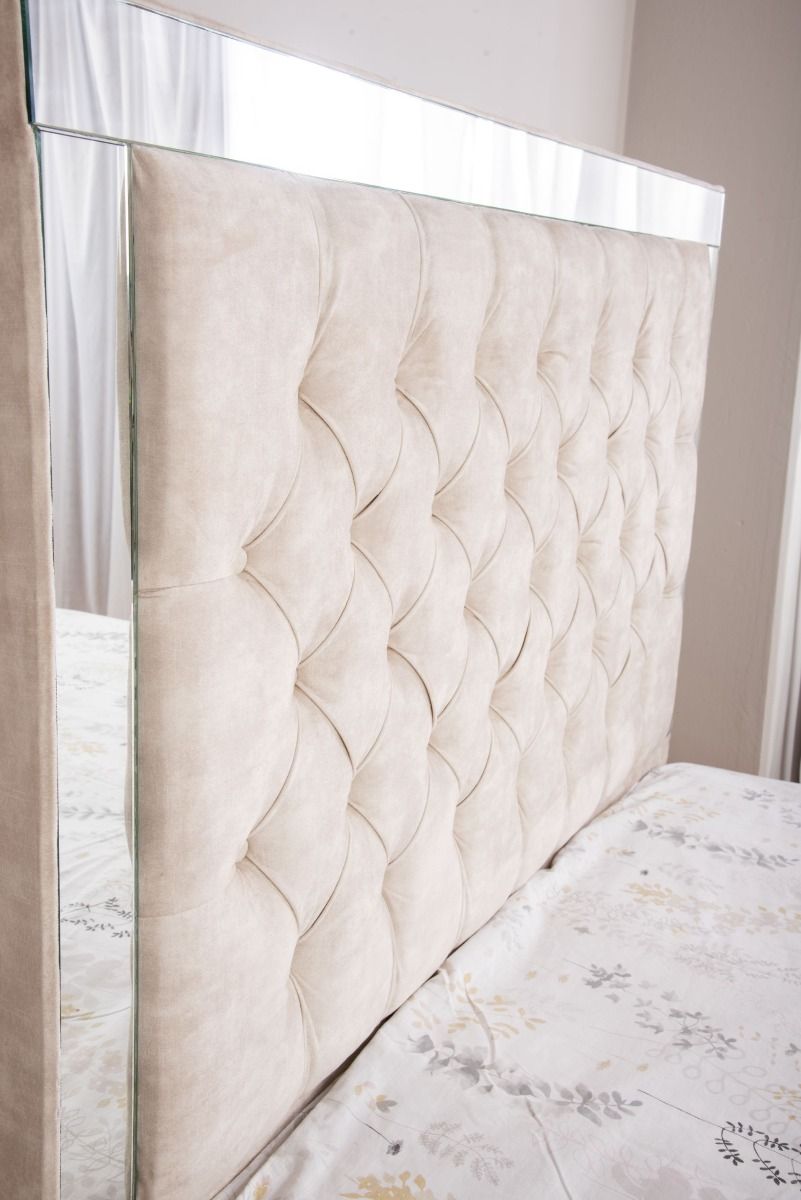 Oakwood Glaze Mirror and Velvet Fabric Upholstered Bed Frame