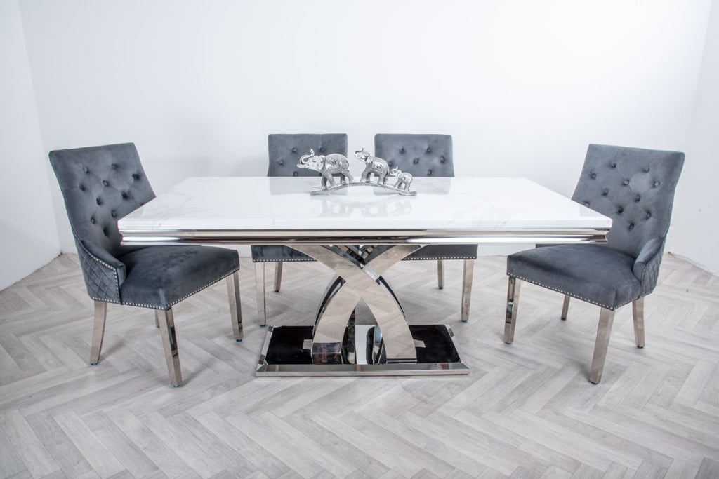 Oakwood Ottavia 1.8M White Marble Dining Table with 6 Lion Knockerback Dining Chairs