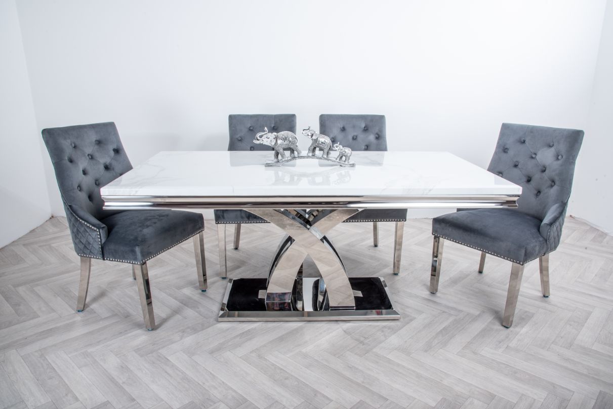 Oakwood Ottavia 1.8M White Marble Dining Table with 6 Lion Knockerback Dining Chairs