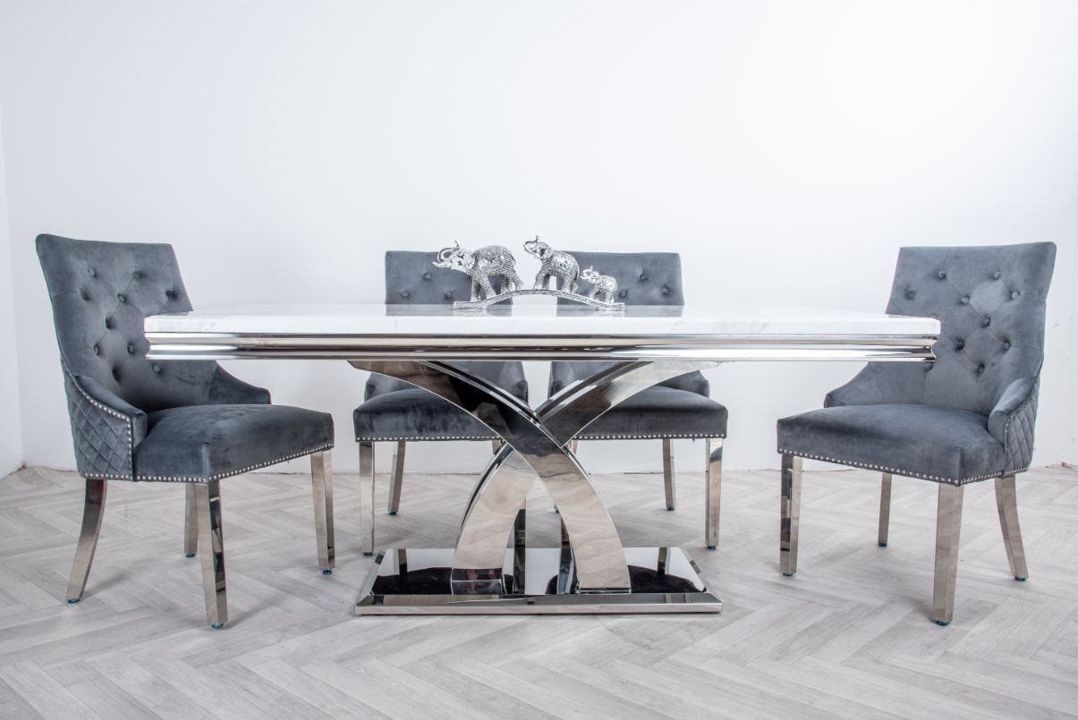 Oakwood Ottavia 1.8M White Marble Dining Table with 6 Lion Knockerback Dining Chairs