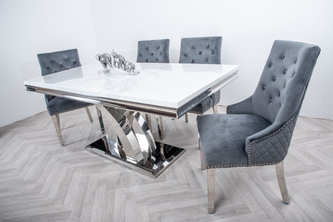 Oakwood Ottavia 1.8M White Marble Dining Table with 6 Lion Knockerback Dining Chairs