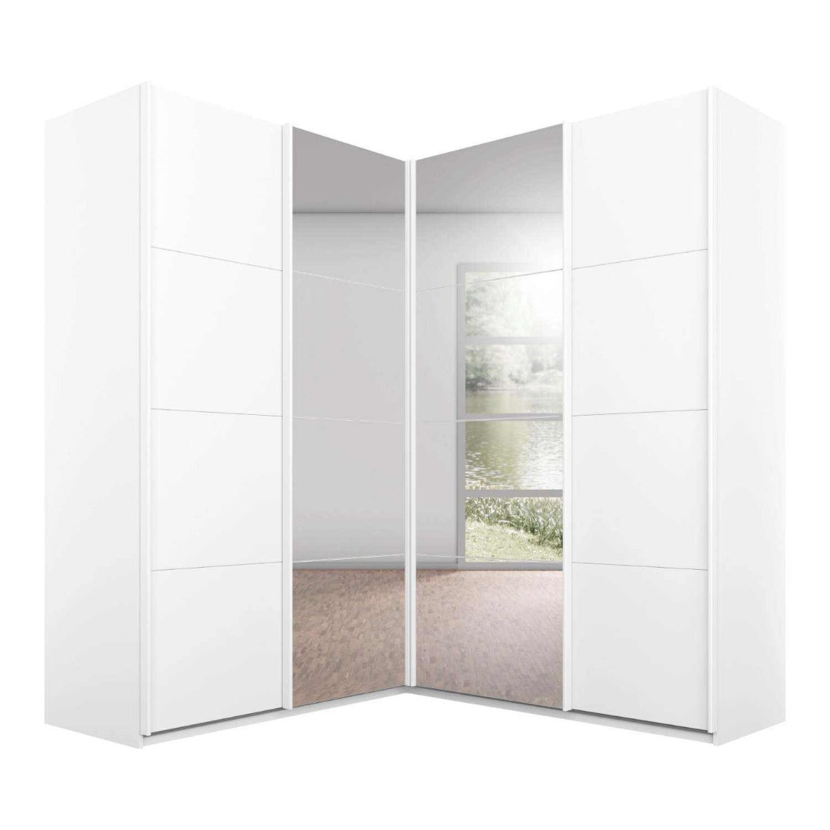 Oakwood Rauch Luma 181cm 4 Door Corner Sliding Wardrobe with 2 Decor Doors and 2 Mirror Doors