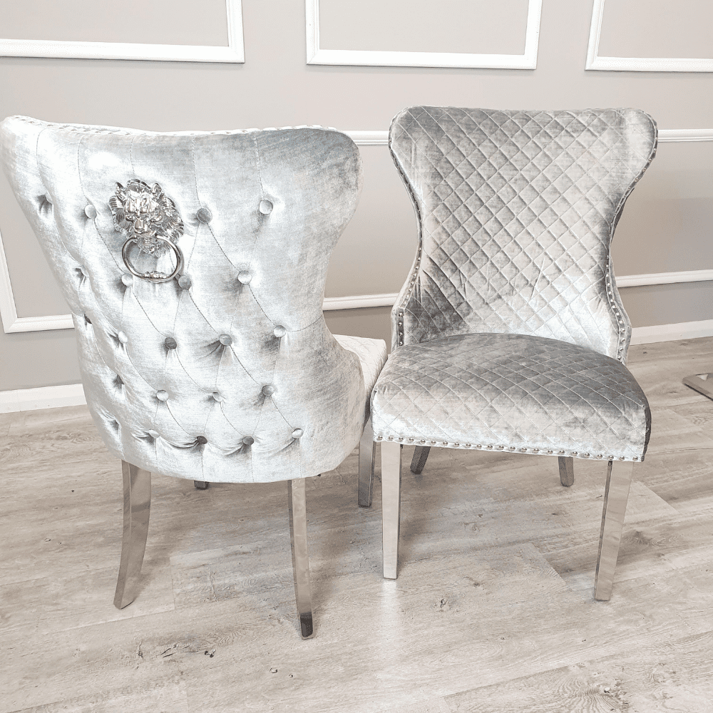 Oakwood Oracle 130cm Round Grey Marble Dining Table & 4 Lewis Silvery Grey Lion Knocker Chairs