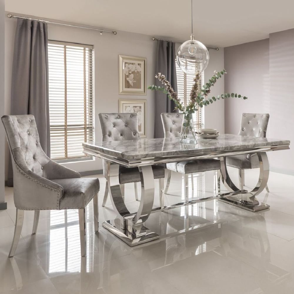 Oakwood Arianna 1.8M Grey Marble Dining Table With Shimmer Knockerback Chairs