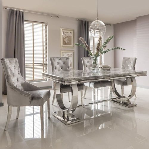 Oakwood Arianna 1.8M Grey Marble Dining Table With Shimmer Knockerback Chairs