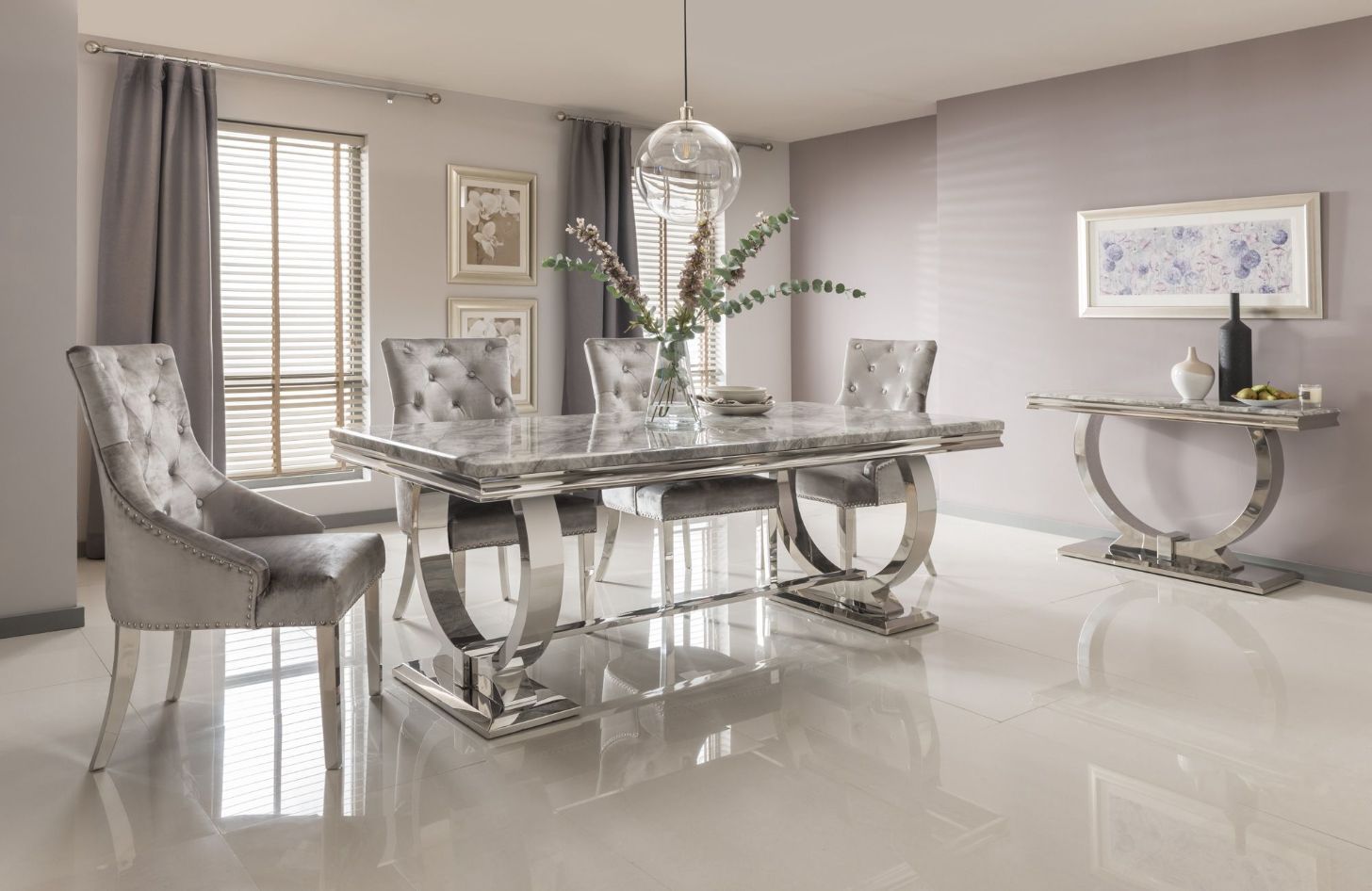 Oakwood Arianna 1.8M Grey Marble Dining Table With Shimmer Knockerback Chairs