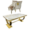 Oakwood Arianna 1.8M Gold Dining Table With 4 Lion Knocker back Dining Chairs