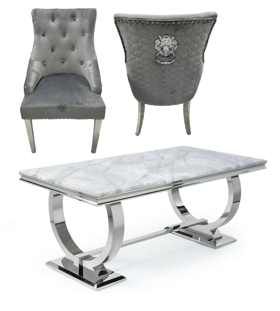 Oakwood Arianna 1.8M Grey Marble Dining Table With Roma Lion Knockerback Dining Chairs