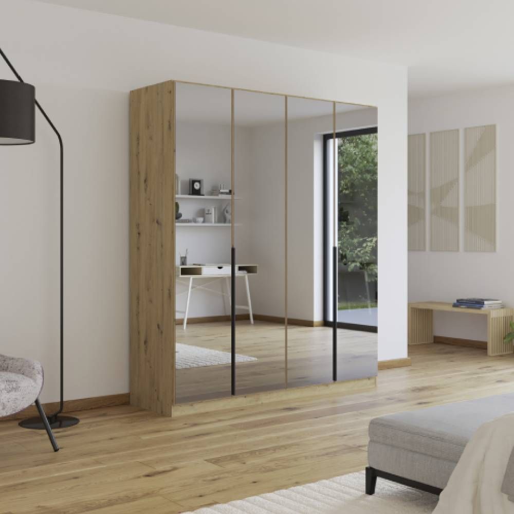 Oakwood Rauch Skyla Artisan Oak 4 Hinged Door Wardrobe with Full Grey Mirror Front