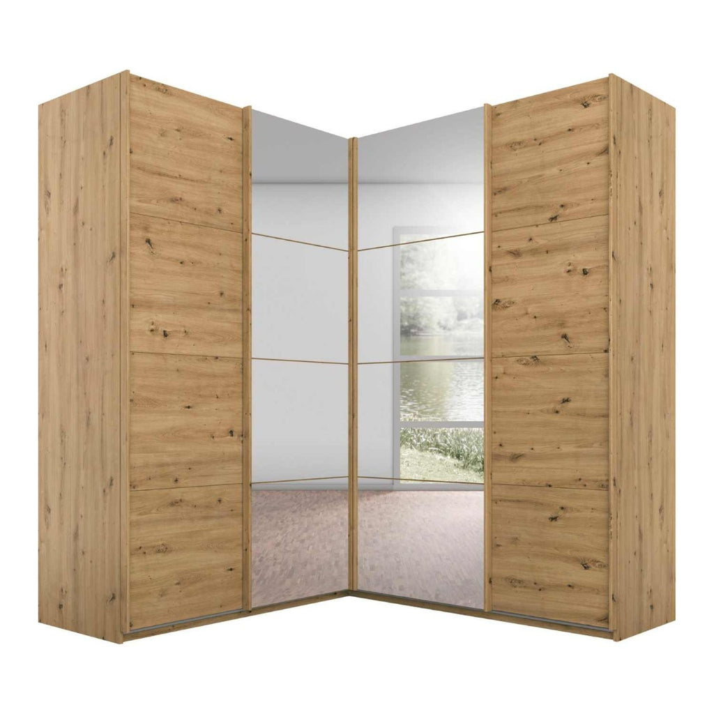 Oakwood Rauch Luma 181cm 4 Door Corner Sliding Wardrobe with 2 Decor Doors and 2 Mirror Doors