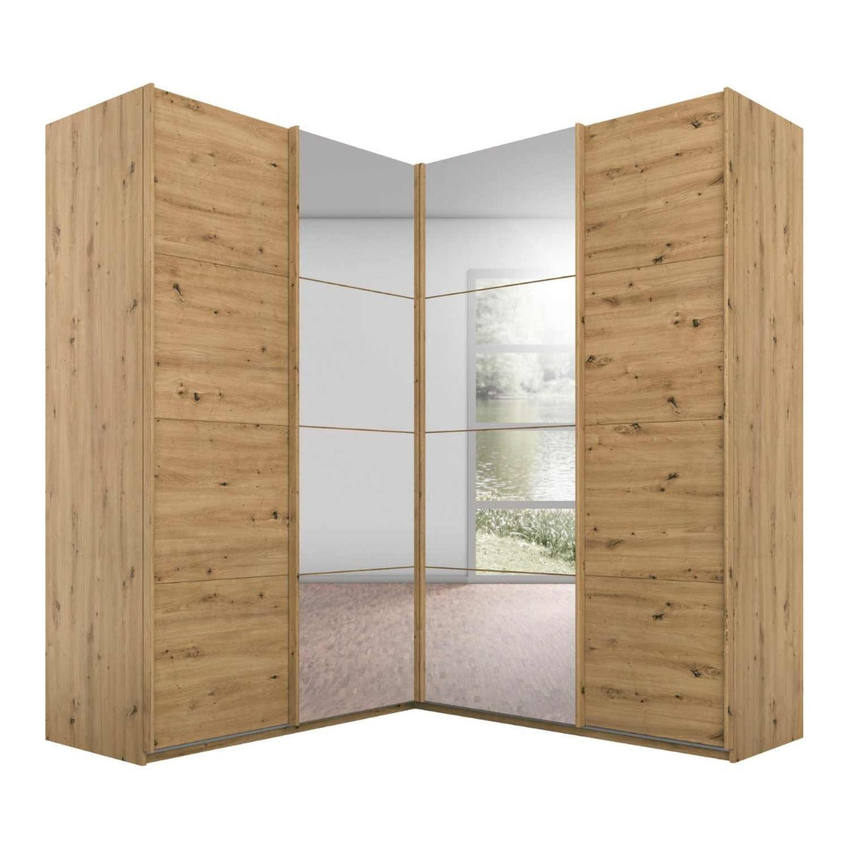 Oakwood Rauch Luma 181cm 4 Door Corner Sliding Wardrobe with 2 Decor Doors and 2 Mirror Doors
