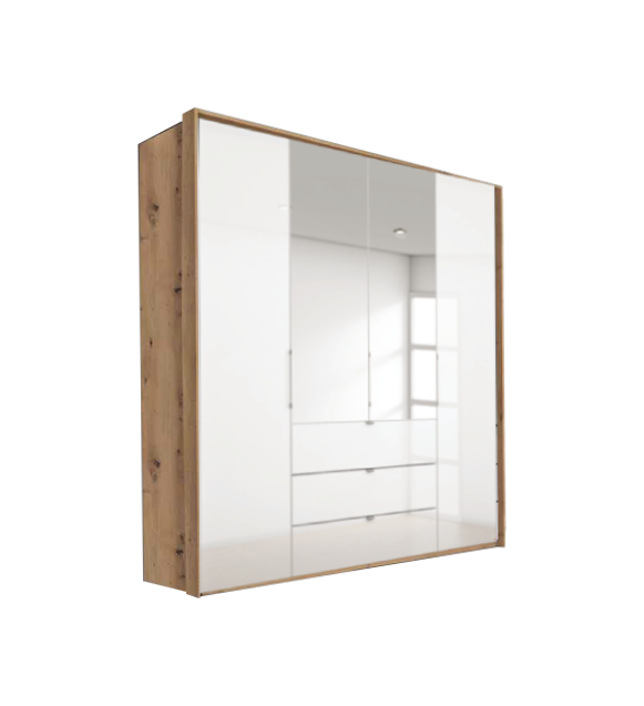 Oakwood Rauch Erimo Style 1 Oak & White Glass Bi-Folding Doors Combi Wardrobe