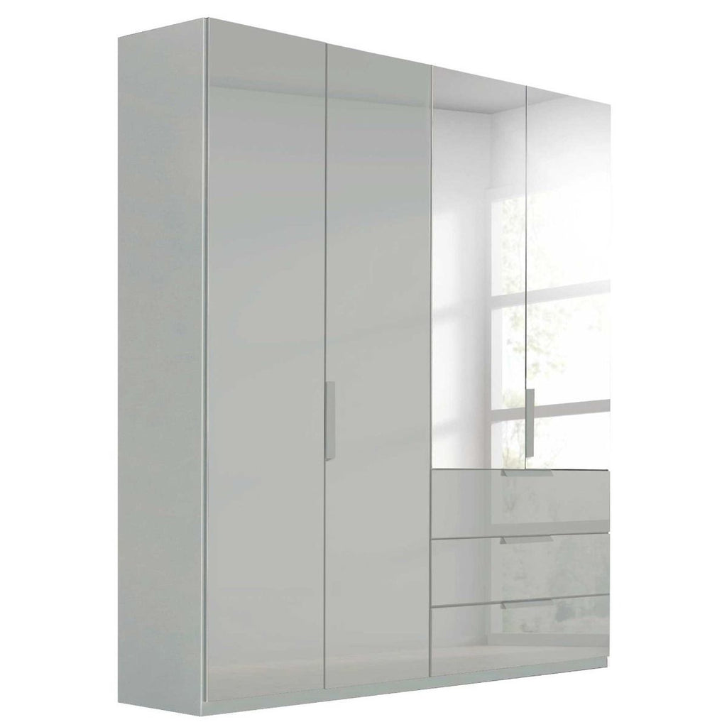 Oakwood Rauch Miramar Lynx Silk Grey Glass & Mirror Front 4 Door Hinged Combi Wardrobe
