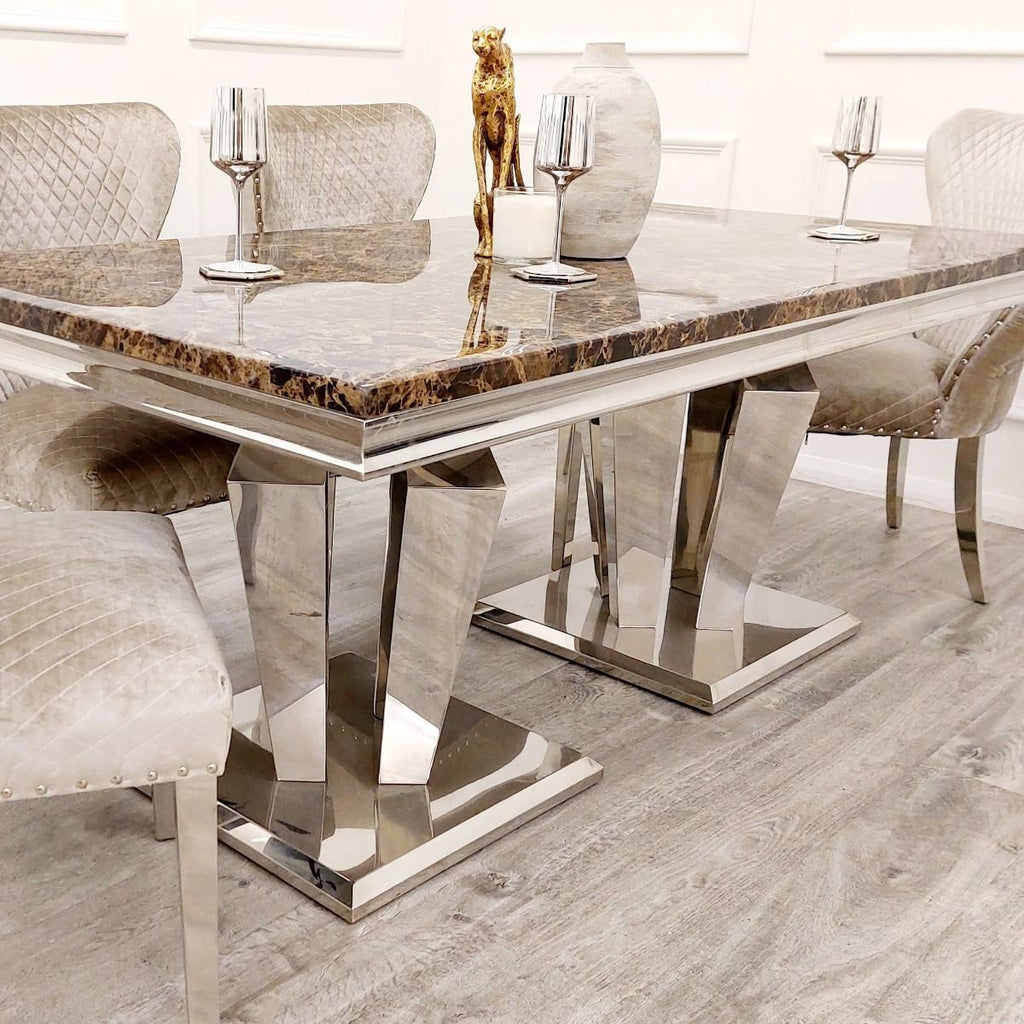 Oakwood Sorrento 1.8m Polished Steel & Brown and Black Marble Top Dining Table