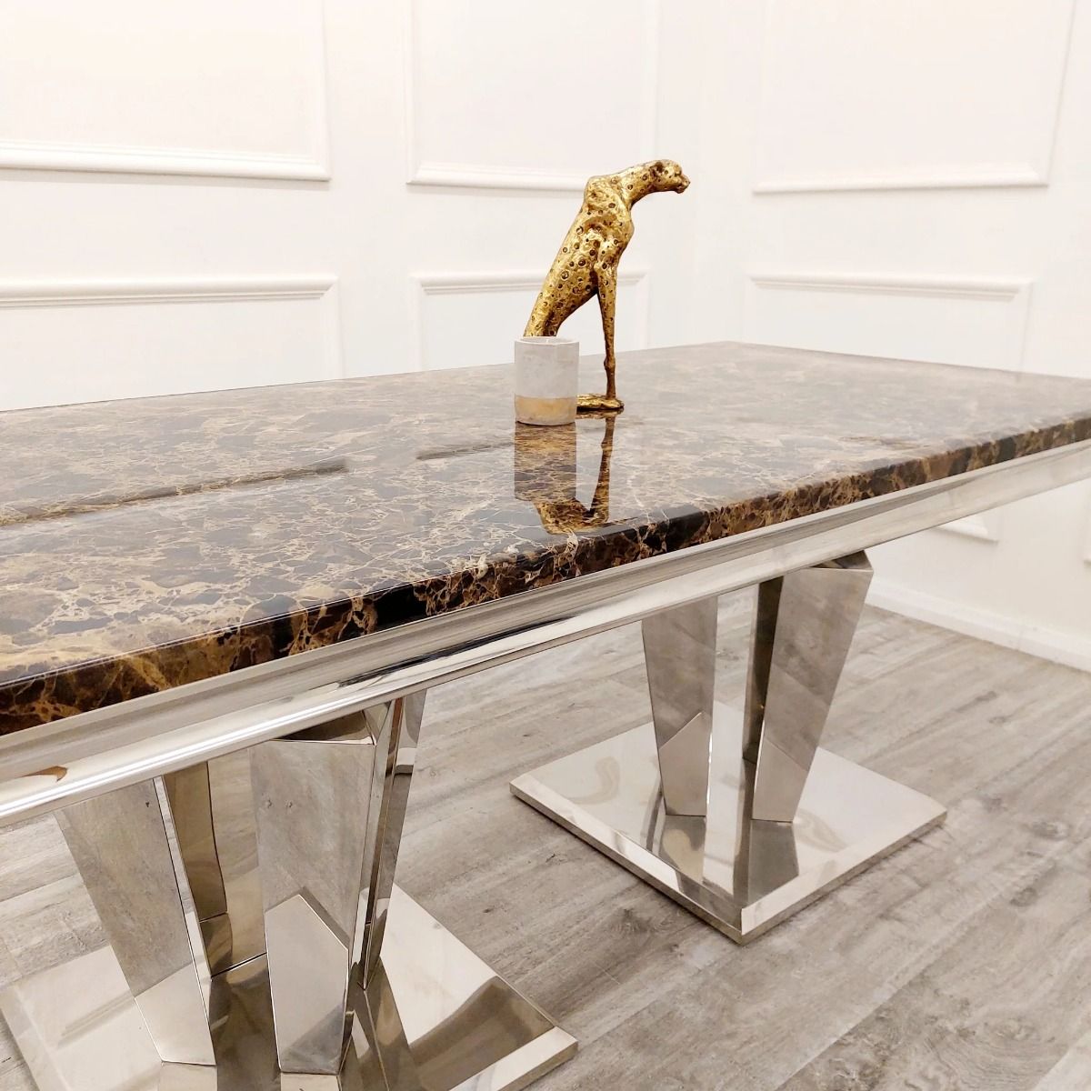 Oakwood Sorrento 1.8m Polished Steel & Brown and Black Marble Top Dining Table