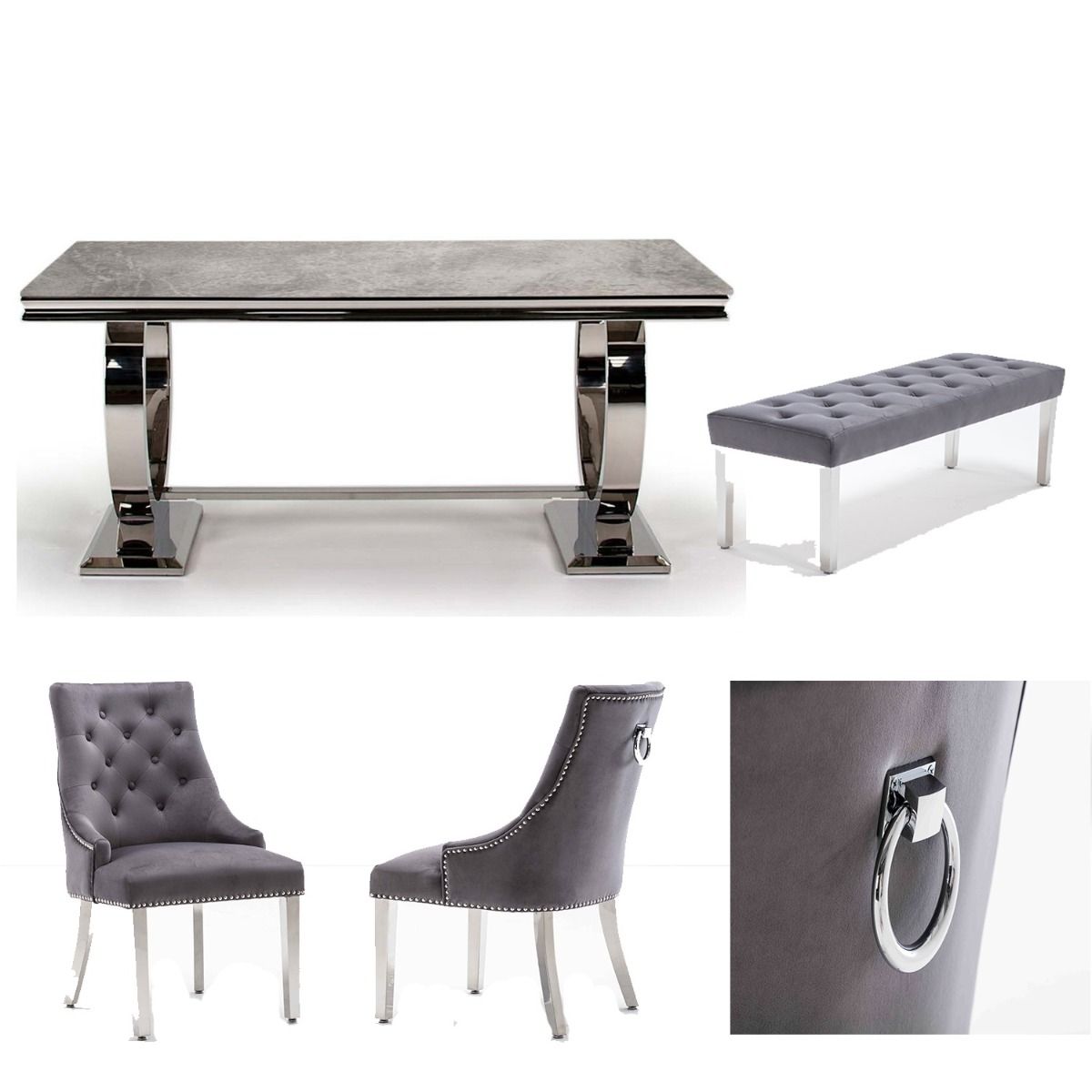Oakwood Arianna 1.8M Grey Marble Dining Table With Dining Chairs