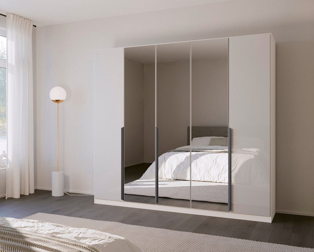 Oakwood Rauch White Glass With Mirror Modern Quadra Spin 5 Door Hinged 226CM Wardrobe