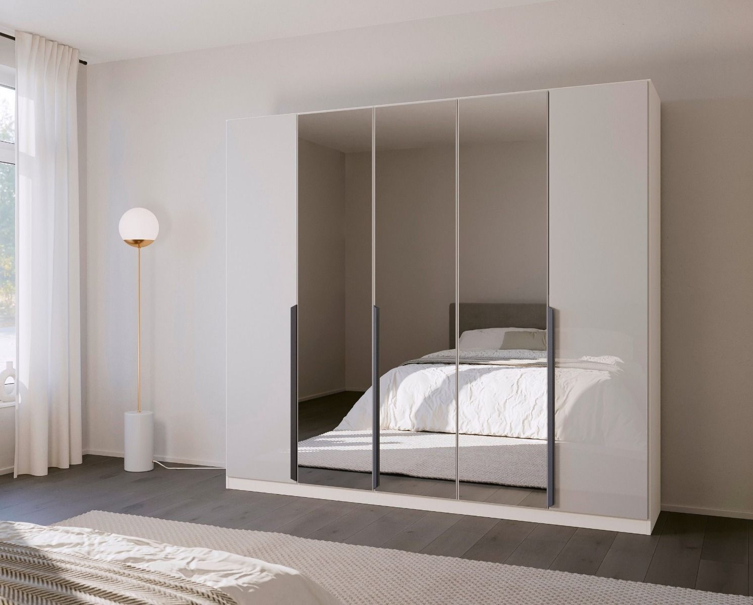 Oakwood Rauch White Glass With Mirror Modern Quadra Spin 5 Door Hinged 226CM Wardrobe