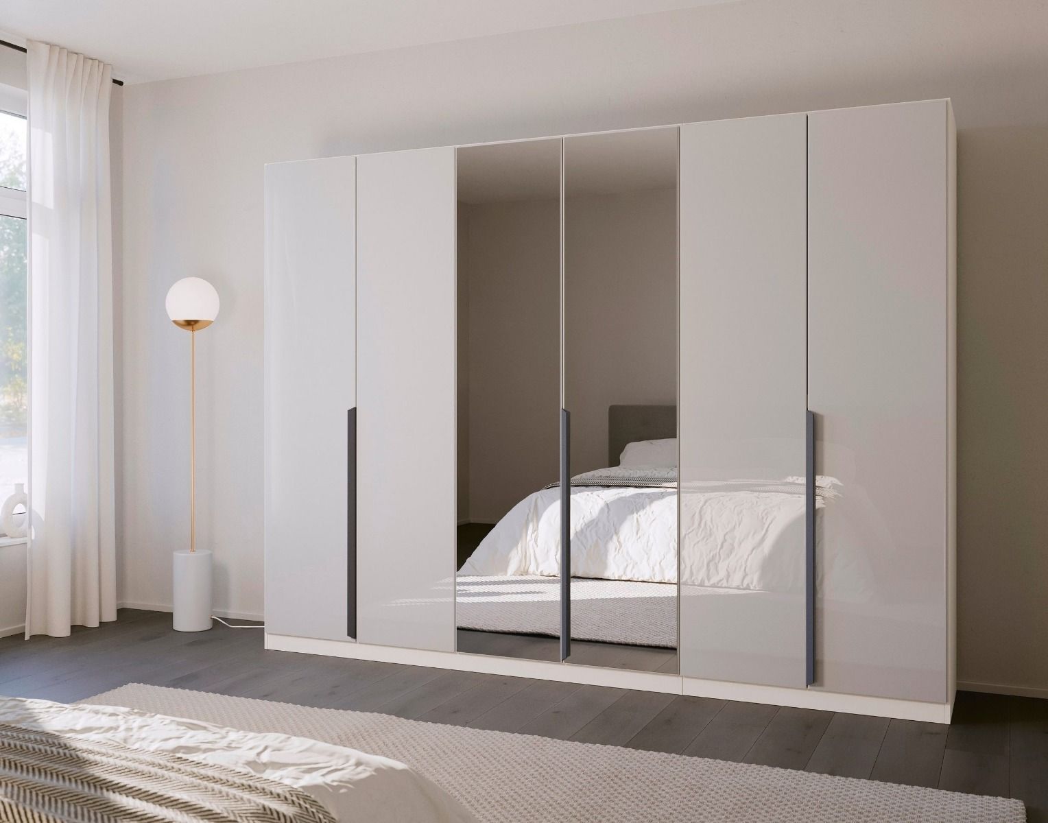 Oakwood Rauch White Glass With Mirror Modern Quadra Spin 6 Door Hinged 271CM Wardrobe