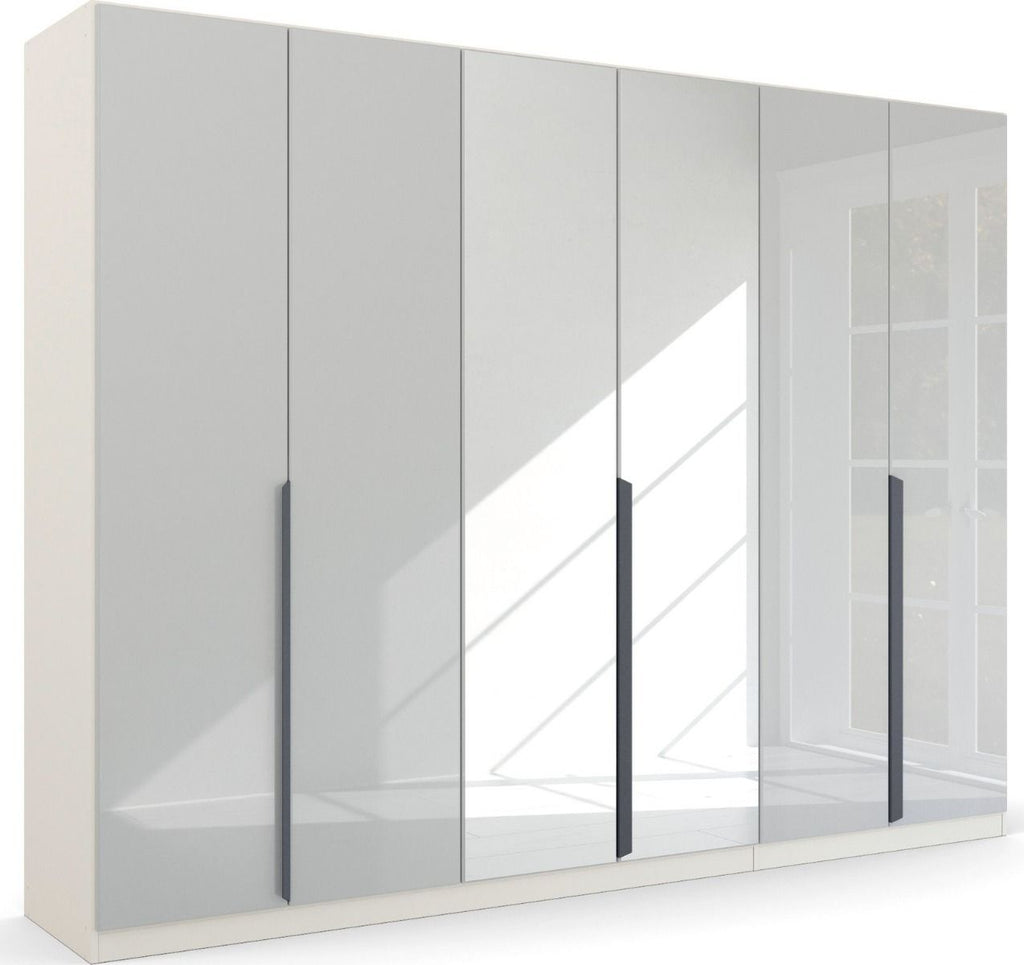 Oakwood Rauch White Glass With Mirror Modern Quadra Spin 6 Door Hinged 271CM Wardrobe