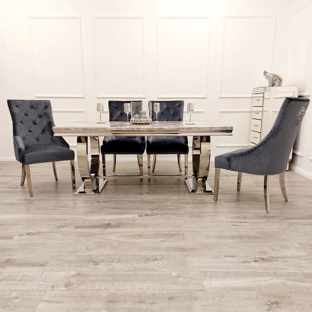 Oakwood Arianna 1.8M Grey Marble Dining Table With Roma Lion Knockerback Dining Chairs