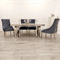 Oakwood Arianna 1.8M Grey Marble Dining Table With Roma Lion Knockerback Dining Chairs