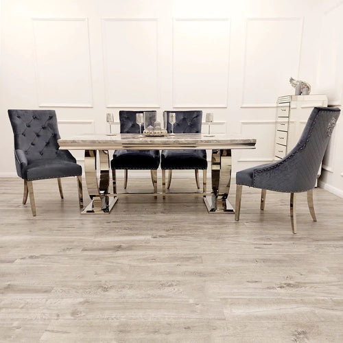 Oakwood Arianna 1.8M Grey Marble Dining Table With Roma Lion Knockerback Dining Chairs