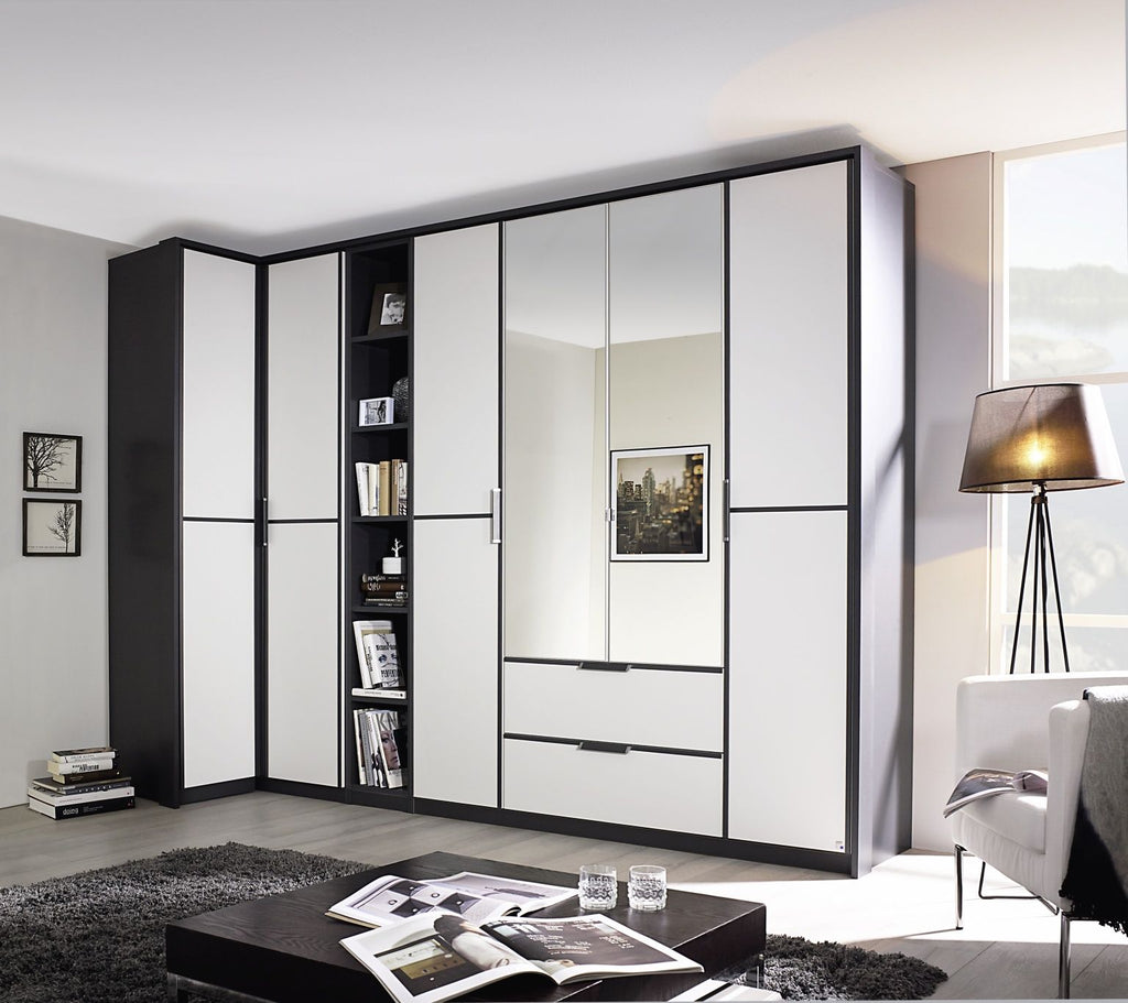 Oakwood Rauch Essensa White Glass Front and Metallic Grey Corner Wardrobe