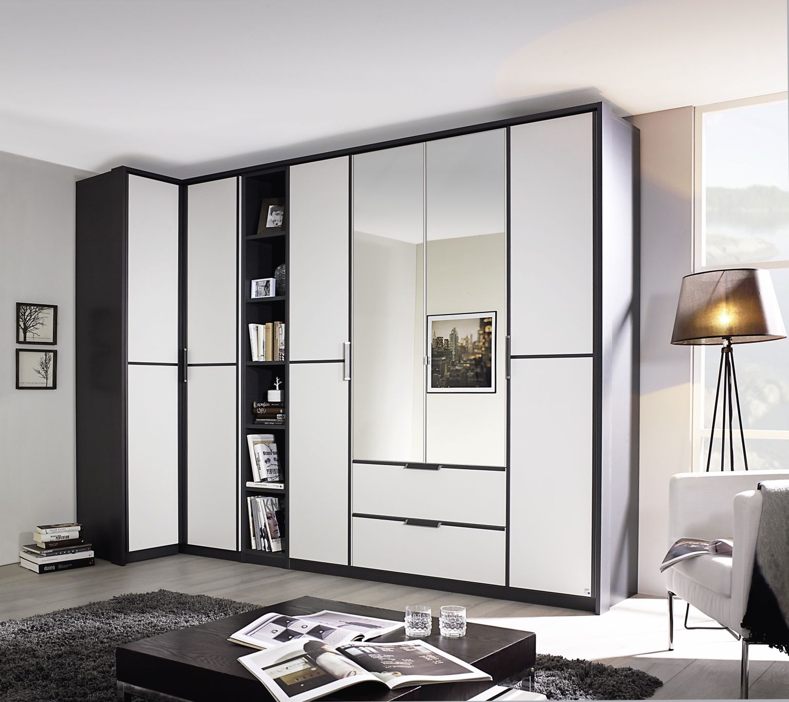 Oakwood Rauch Essensa White Glass Front and Metallic Grey Corner Wardrobe