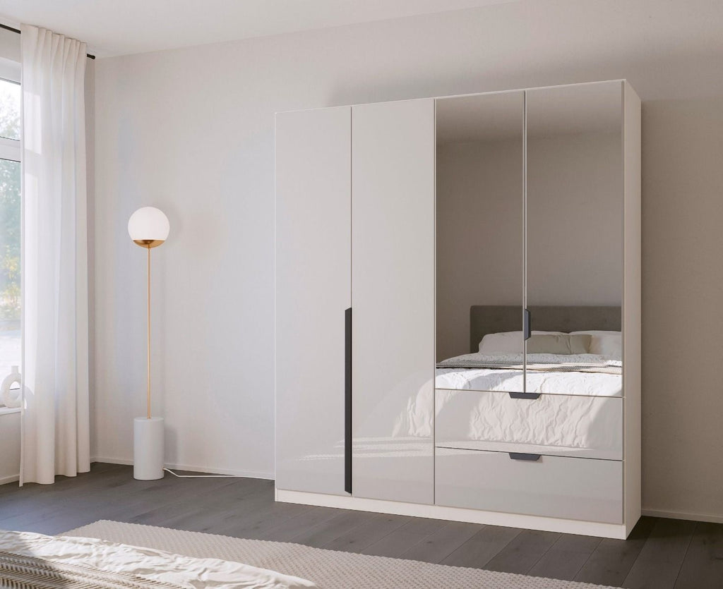 Oakwood Rauch White Glass With Mirror Modern Quadra Spin 4 Door Combi 181CM Wardrobe