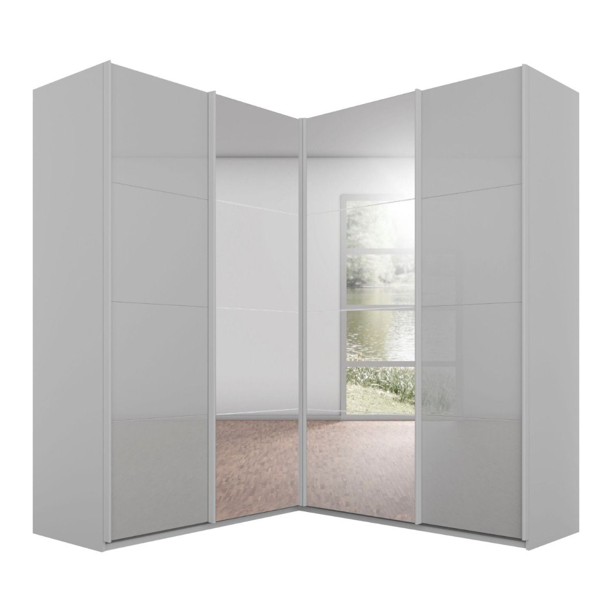 Oakwood Rauch Luma 181cm 4 Door Corner Sliding Wardrobe with 2 Glass Doors and 2 Mirror Doors