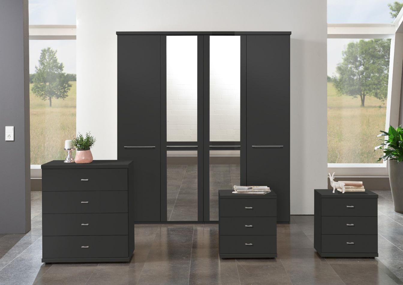 Oakwood Wiemann Cairns Graphite & Mirrored Front Hinged Door Wardrobe - 200CM