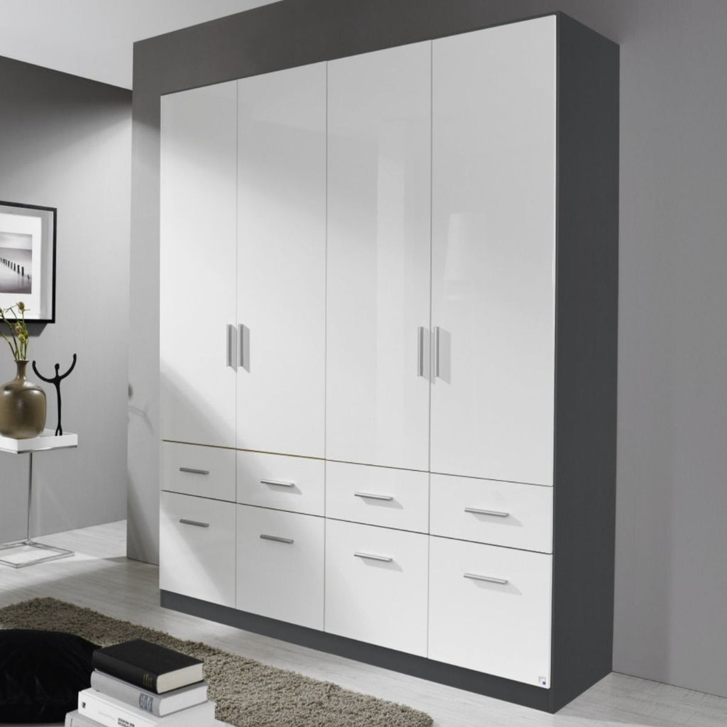 Oakwood Rauch Celle Metallic Grey and High Polish white  Front 4 Door Hinged combi Wardrobe