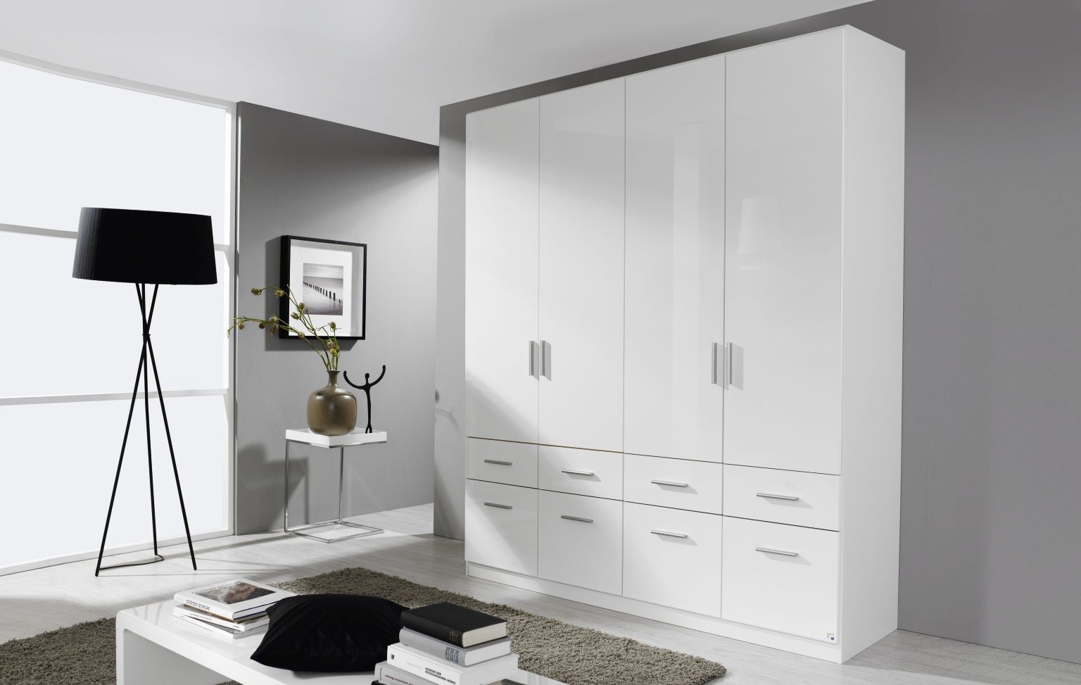 Oakwood Rauch Celle High Gloss White 4 Door Hinged Combi Wardrobe