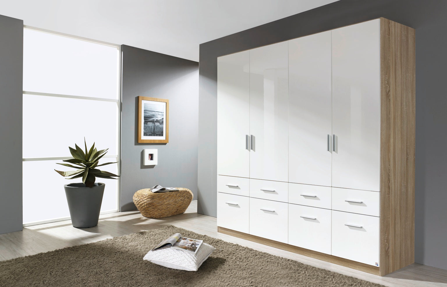 Oakwood Rauch Celle High Gloss White 4 Door Hinged Combi Wardrobe