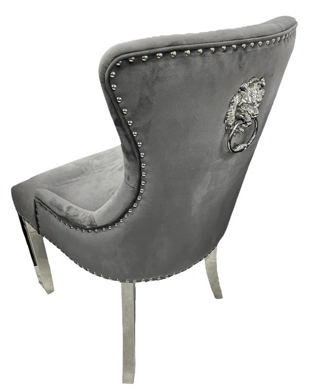 Oakwood Cheshire Dark Grey Lion Knockerback Plush Velvet Dining Chairs