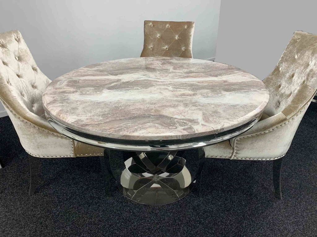 Oakwood Oracle 130cm Round Grey Marble Dining Table & 4 Knightsbridge Silvery Grey Ring Knocker Chairs
