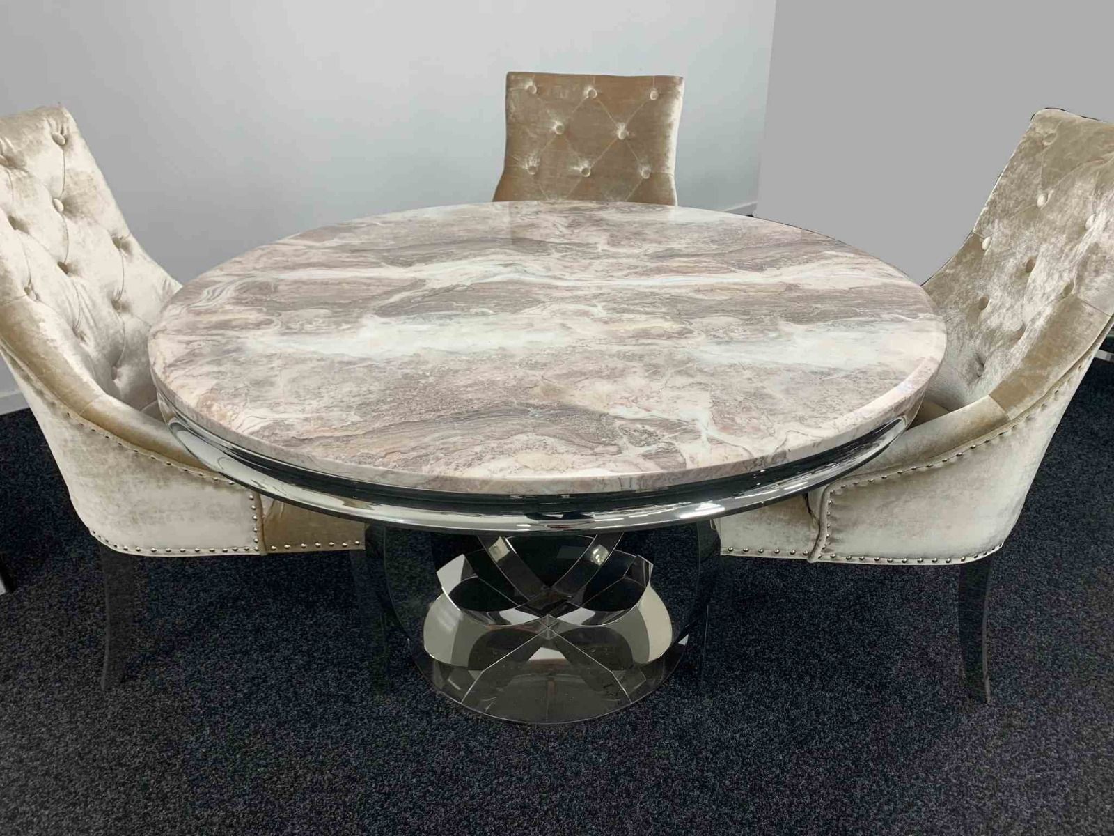 Oakwood Oracle 130cm Round Grey Marble Dining Table & 4 Knightsbridge Silvery Grey Ring Knocker Chairs
