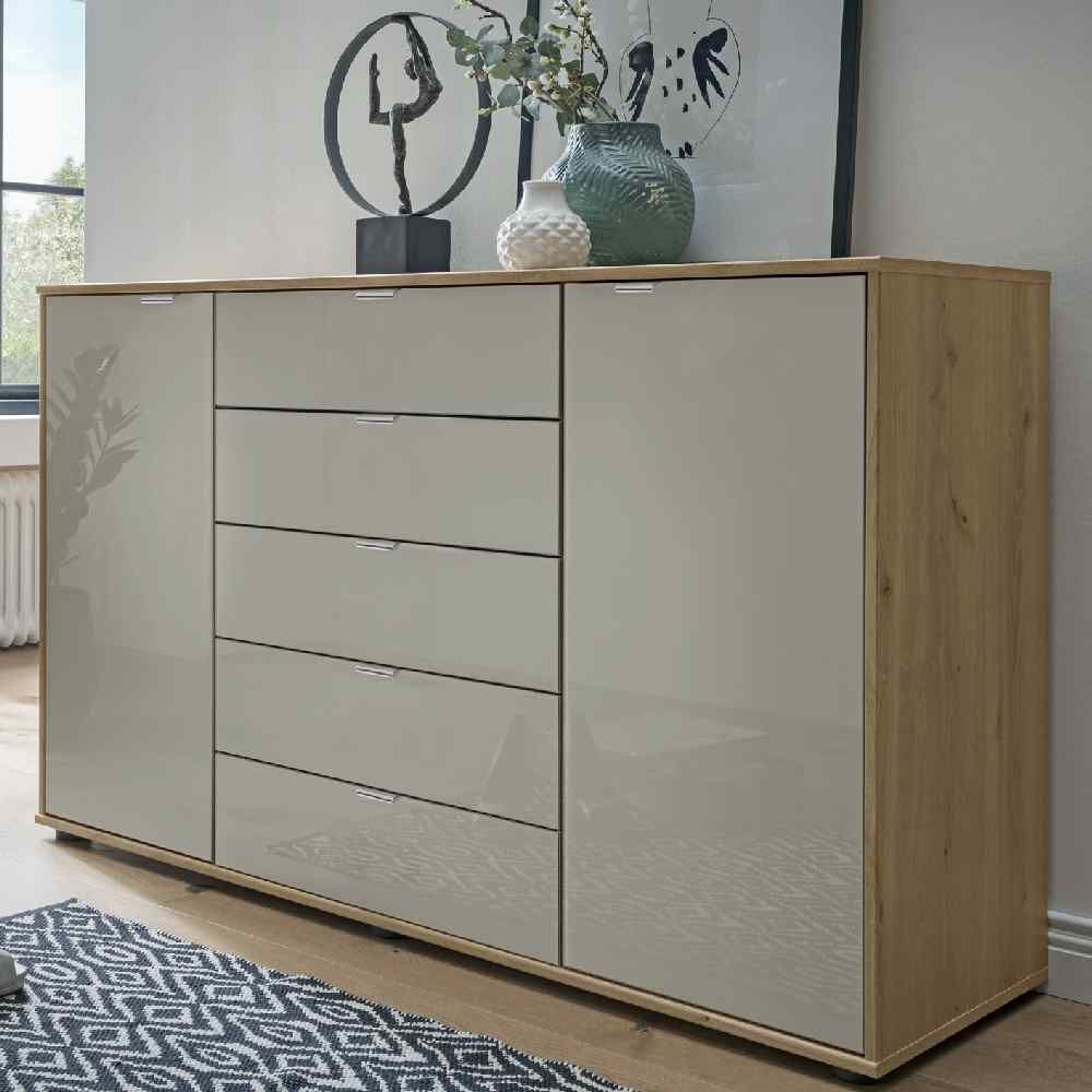 Oakwood Wiemann Quito Bianco Oak And Champagne Glass 2 Door 5 Drawer Combination Dresser