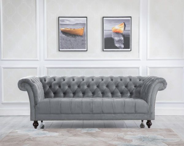 Oakwood Montana Plush Velvet Grey 3 Seater Chesterfield  Sofa