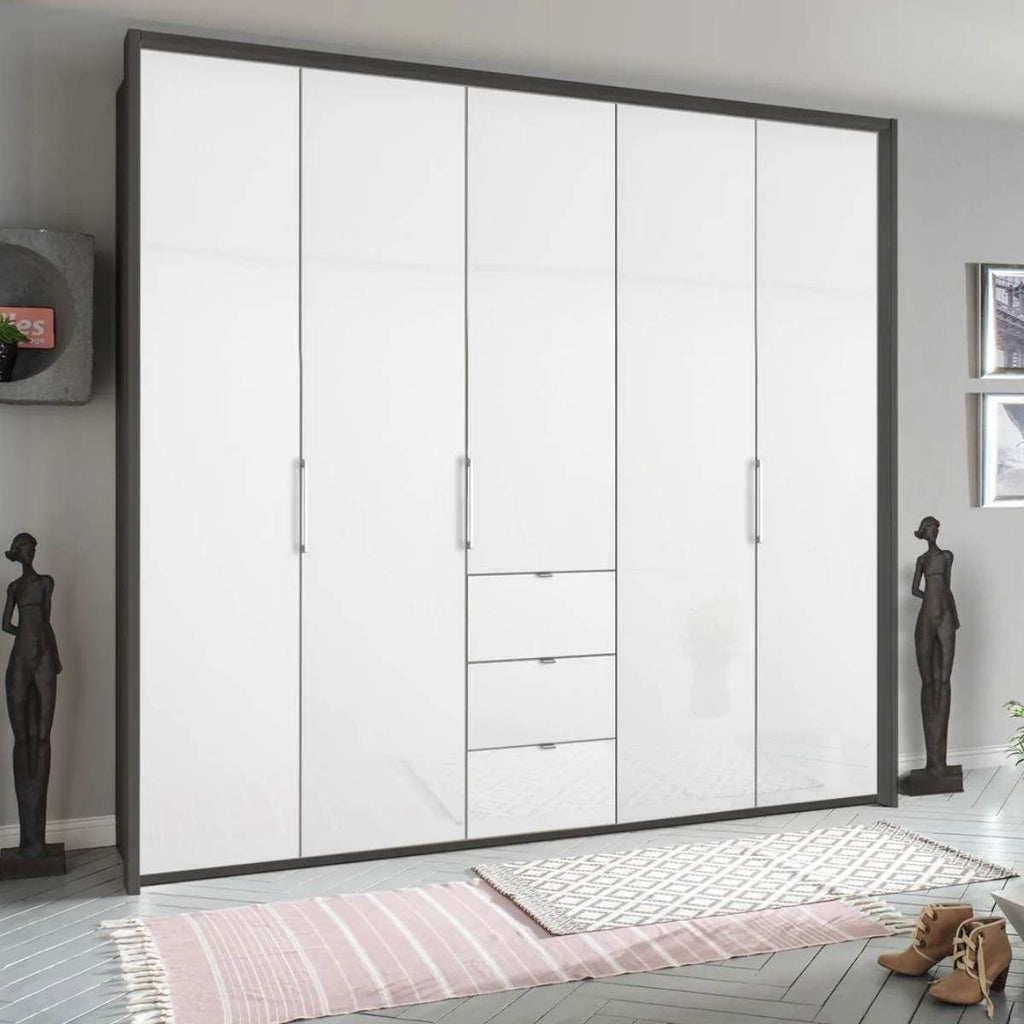 Oakwood Rauch Erimo Style 1 Graphite & White Glass Bi-folding 5 doors Combi Wardrobe W254CM