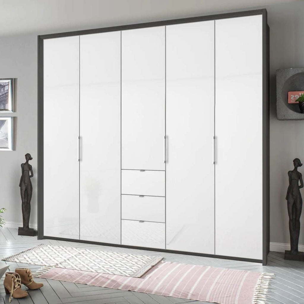 Oakwood Rauch Erimo Style 1 Graphite & White Glass Bi-folding 5 doors Combi Wardrobe W254CM