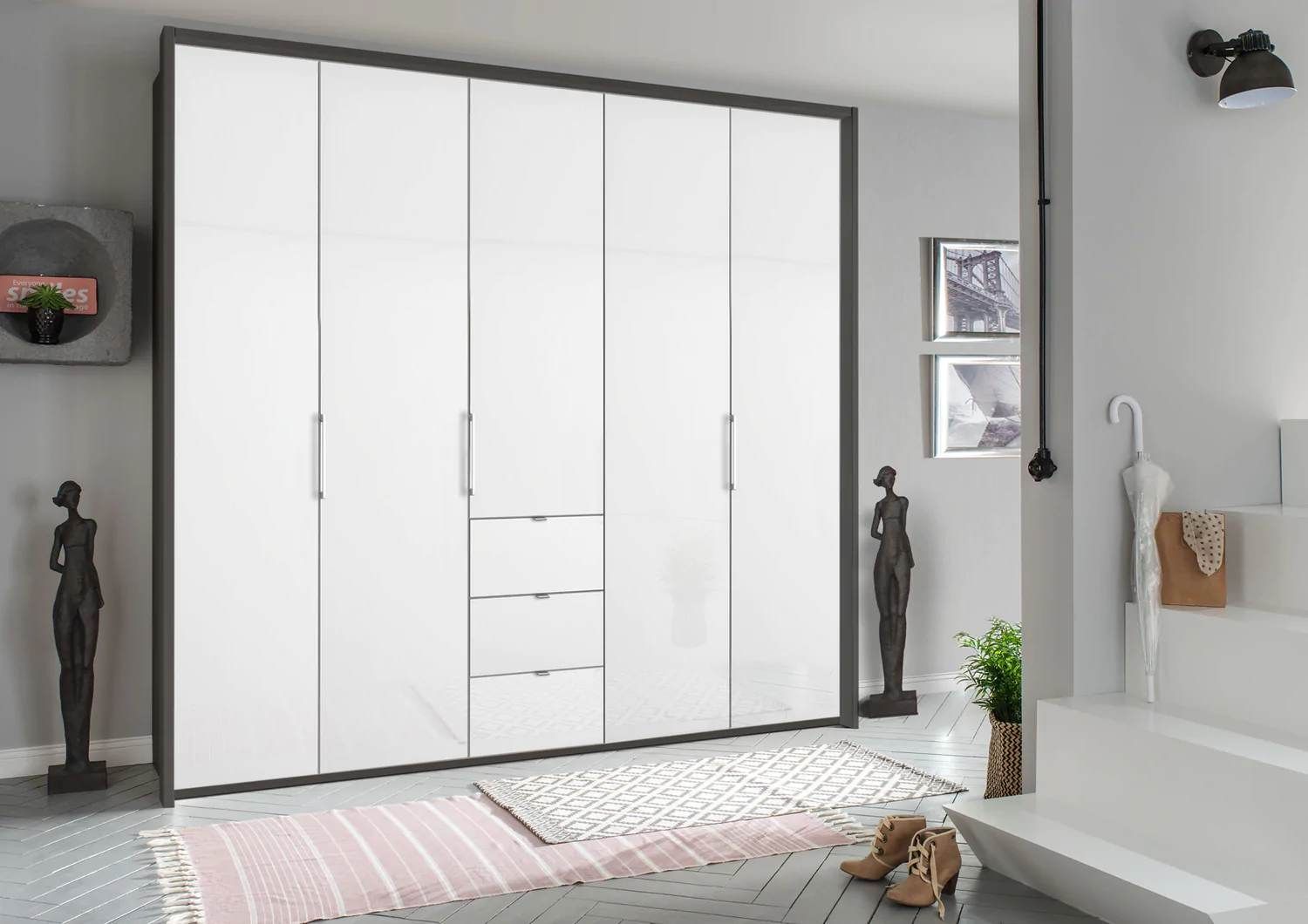 Oakwood Rauch Erimo Style 1 Graphite & White Glass Bi-folding 5 doors Combi Wardrobe W254CM