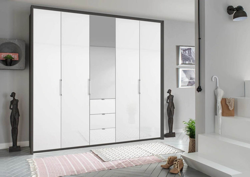 Oakwood Rauch Erimo Style 1 Graphite & White Glass Bi-folding 5 doors Combi Wardrobe W254CM