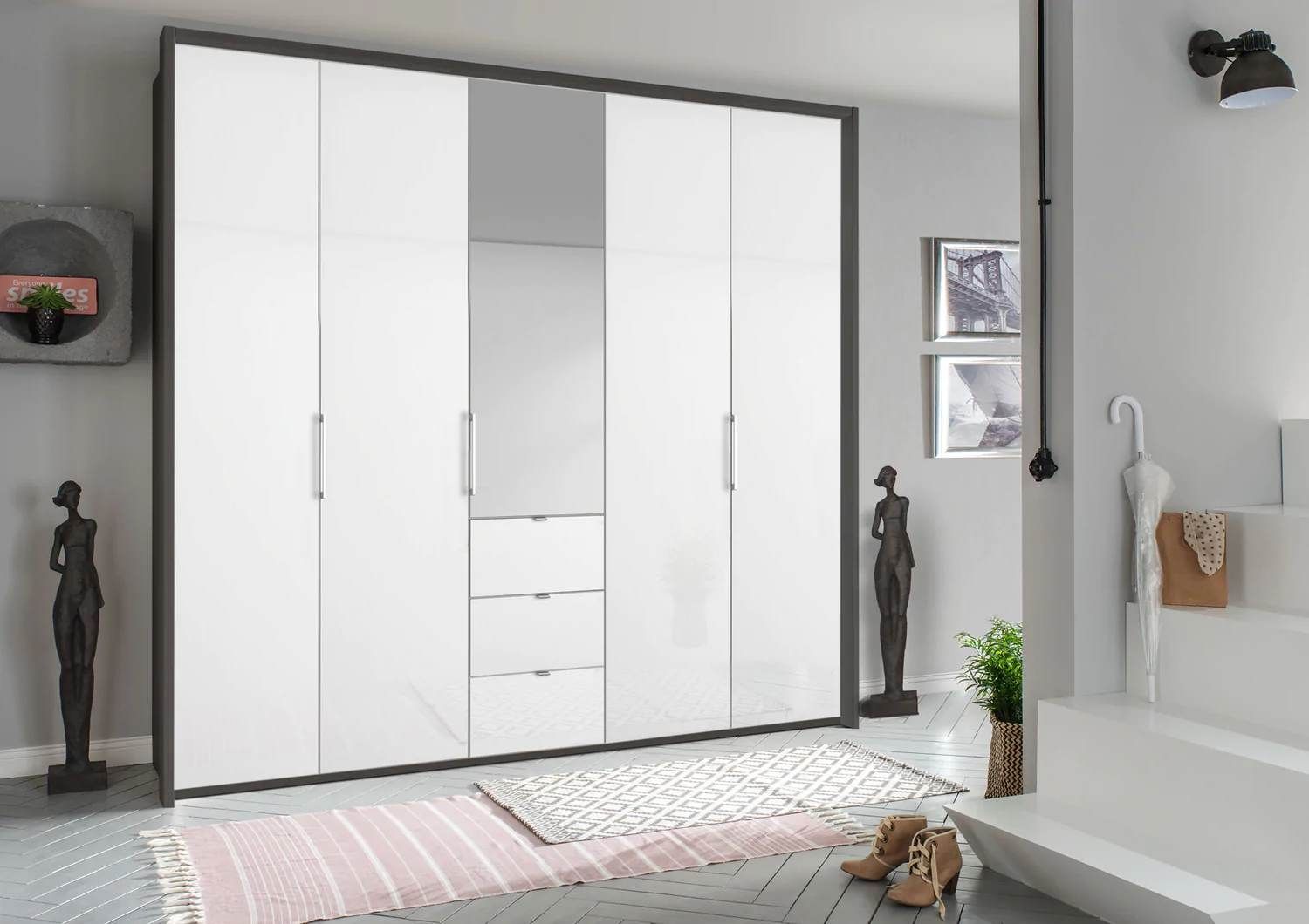 Oakwood Rauch Erimo Style 1 Graphite & White Glass Bi-folding 5 doors Combi Wardrobe W254CM