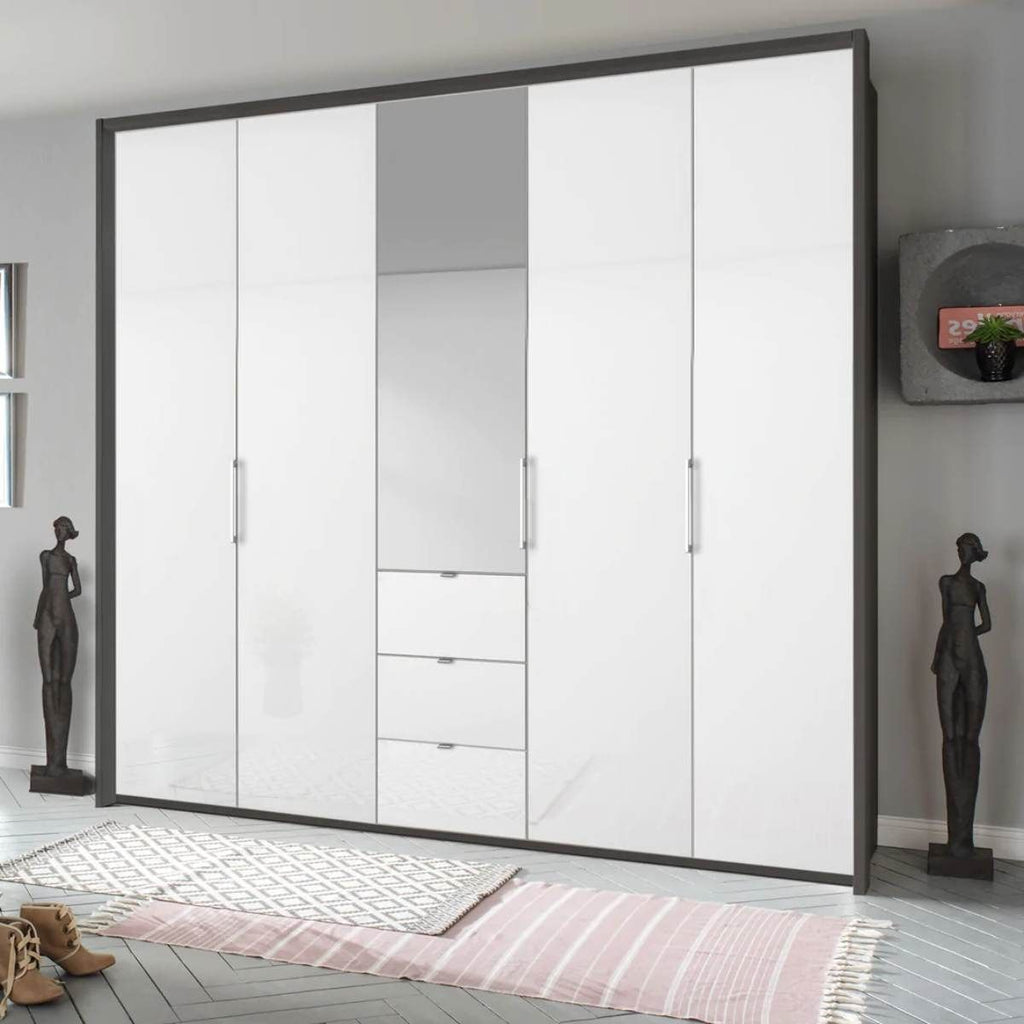 Oakwood Rauch Erimo Style 1 Graphite & White Glass Bi-folding 5 doors Combi Wardrobe W254CM