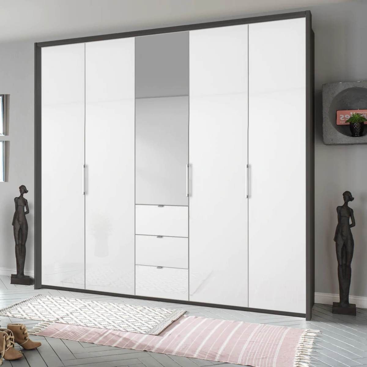 Oakwood Rauch Erimo Style 1 Graphite & White Glass Bi-folding 5 doors Combi Wardrobe W254CM