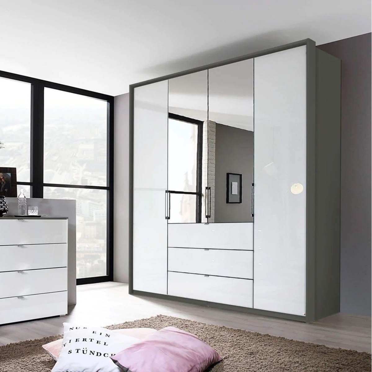 Oakwood Rauch Erimo Style 1 Graphite & White Glass Bi-Folding Doors Combi Wardrobe